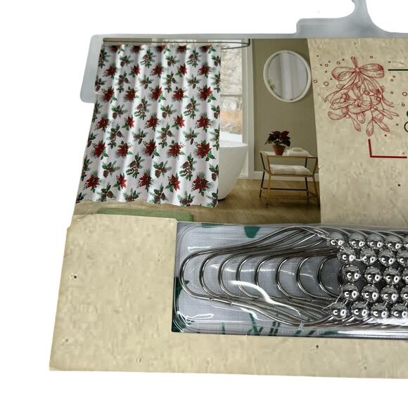 Christmas Shower Curtain Oh Holy Night Poinsettia Pine Hooks New - Picture 3 of 14